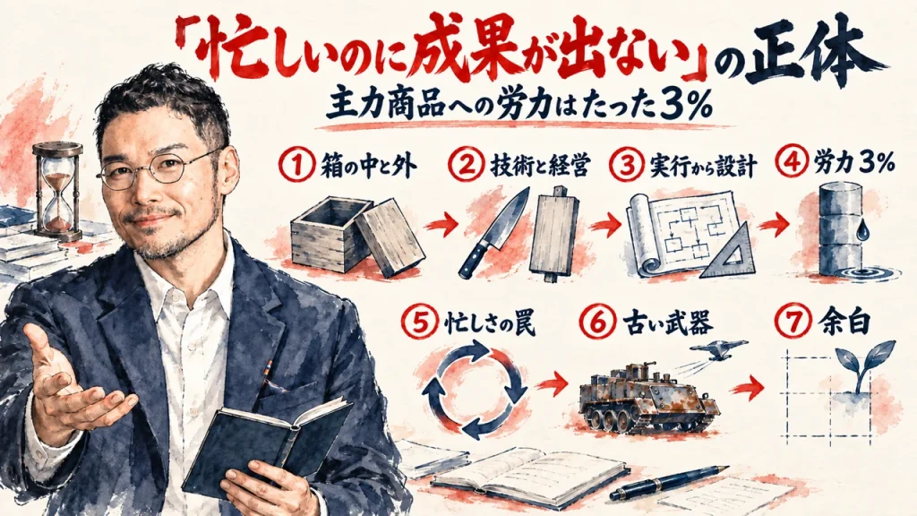 年商100億の経営者が語る「忙しいのに成果が出ない」の正体と、主力商品への労力はたった3%という要点をひろくんがまとめた全体図解