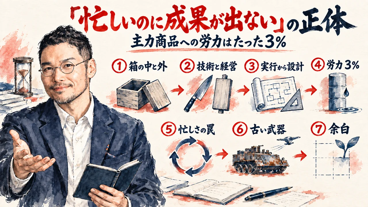 年商100億の経営者が語る「忙しいのに成果が出ない」の正体と、主力商品への労力はたった3%という要点をひろくんがまとめた全体図解