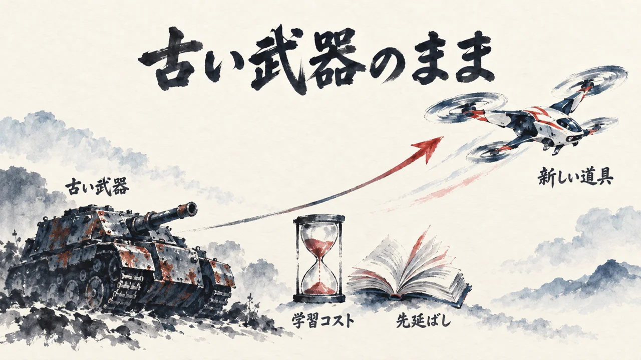 錆びた古い装甲車と空を行く小さな飛行体で、学習コストの先延ばしを対比した水彩図解