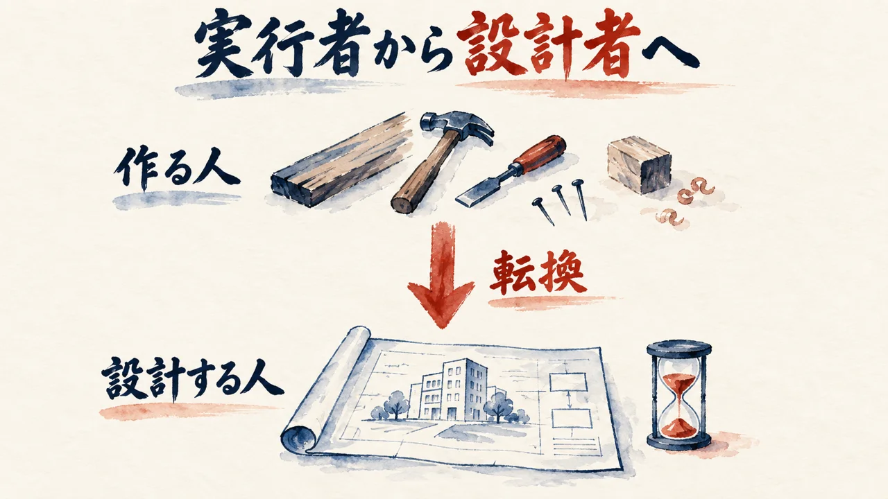 作りかけの道具から会社の設計図へ視点が移る転換を上下に並べた水彩図解