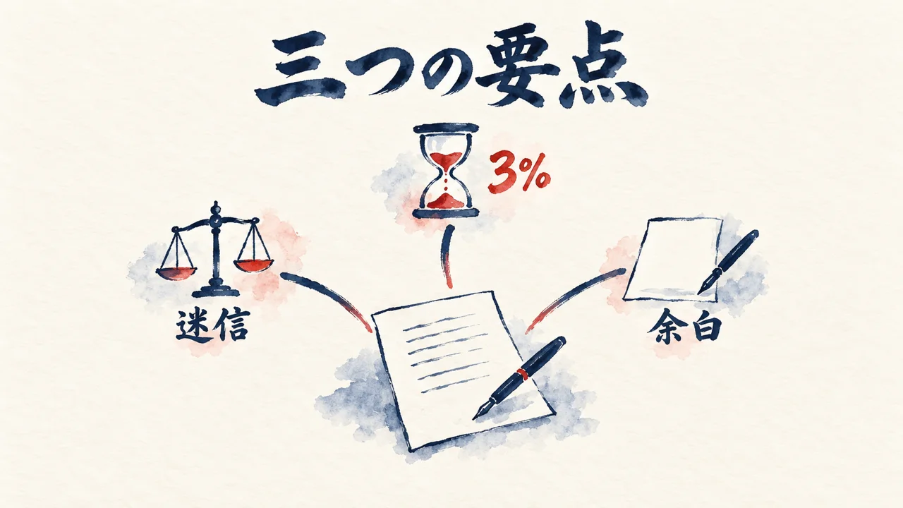 迷信・3%・余白という三つの要点が一枚の紙から枝分かれする水彩図解
