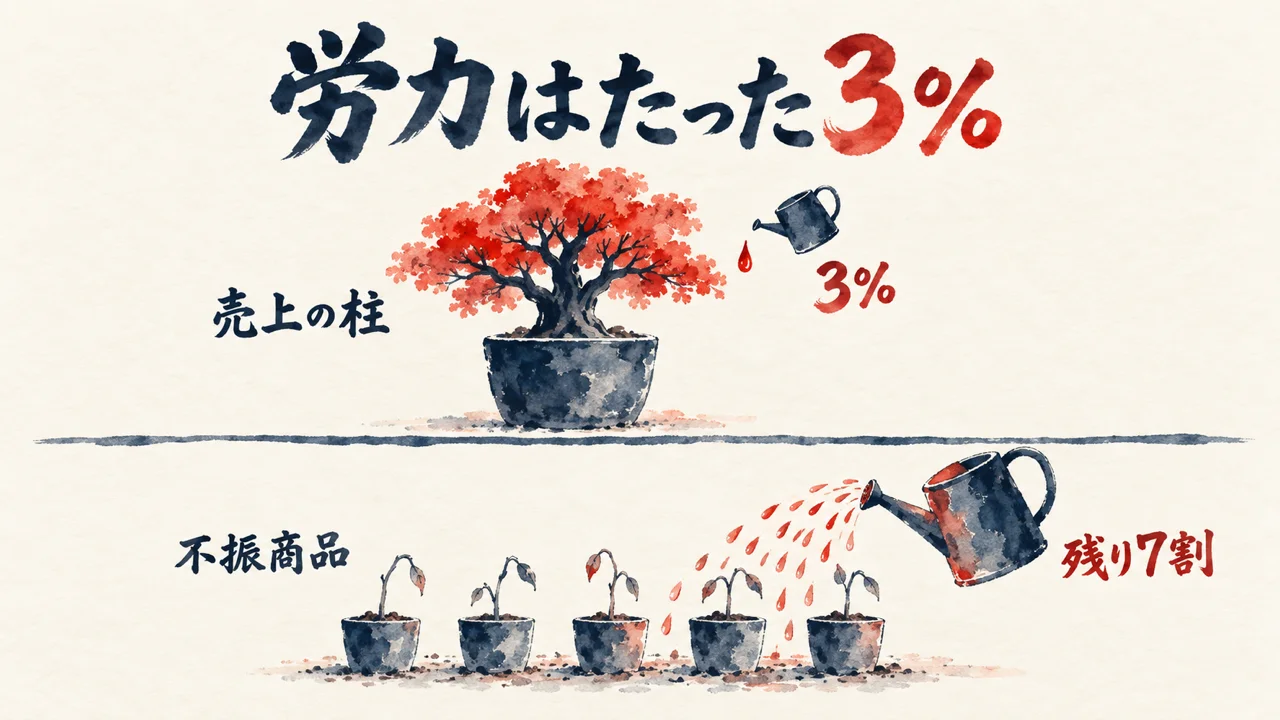 売上の柱にはひとしずく、不振商品には大量の水という労力配分の逆転を表した水彩図解