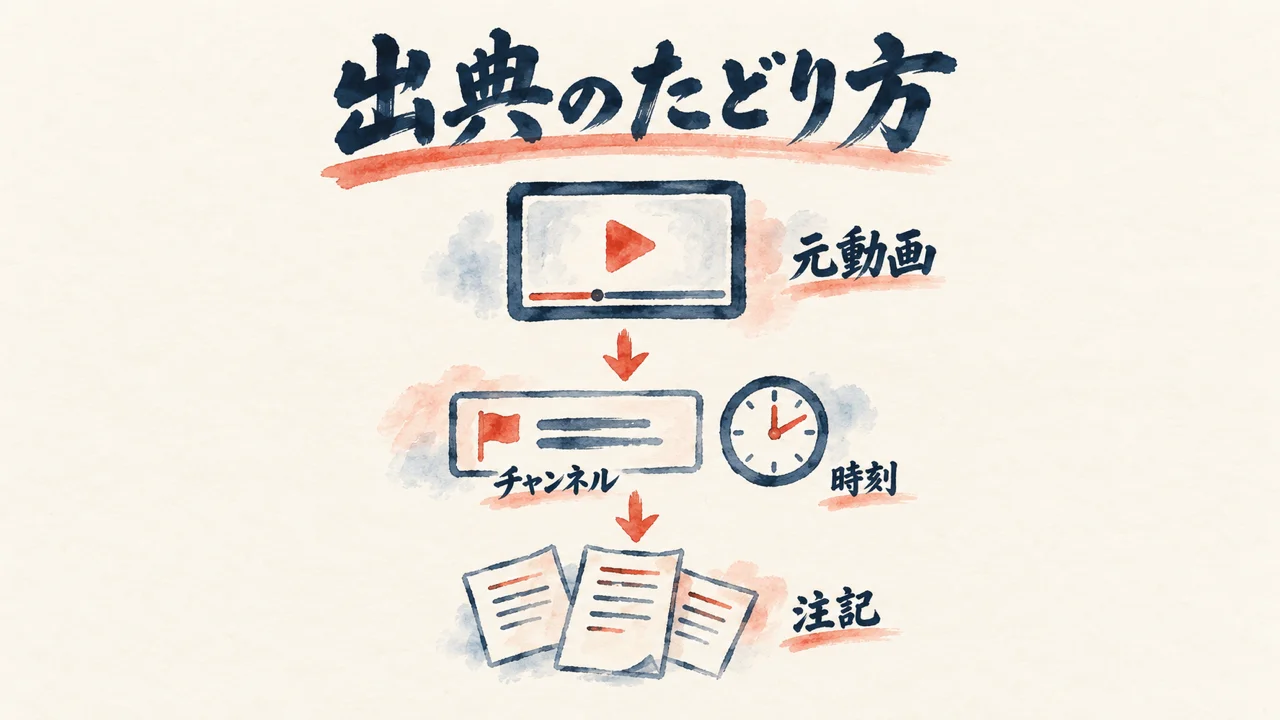 元動画・チャンネル・タイムスタンプ・注記という出典のたどり方を上から下へ並べた水彩図解