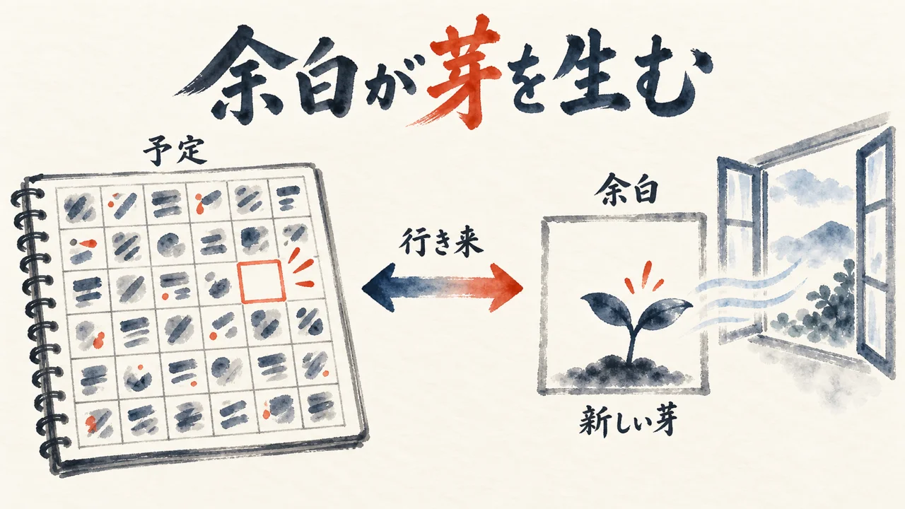 予定で埋まった升目と、空いた一枠から芽が伸びる余白を行き来する水彩図解