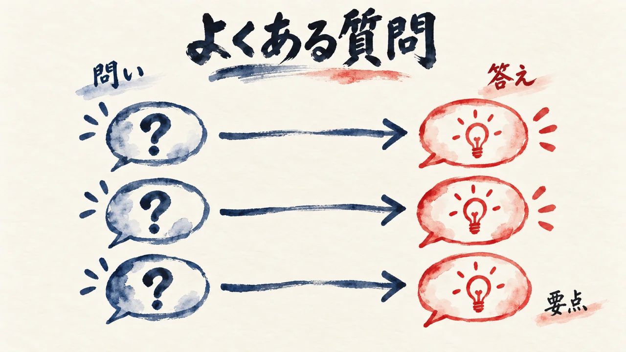 問いの吹き出しから答えの吹き出しへ矢印が伸びるよくある質問の構造を表した水彩図解