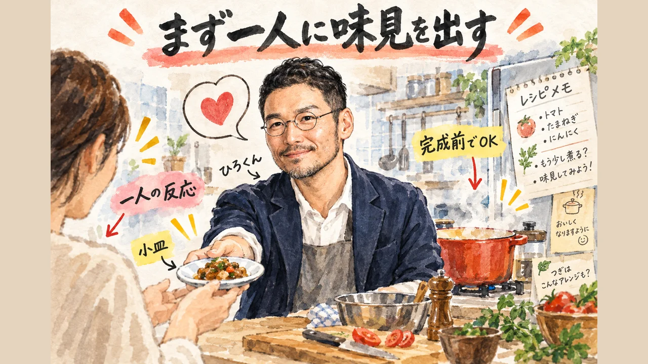 ひろくんコラム 完成品を待たずにまず一人に味見してもらう 図解