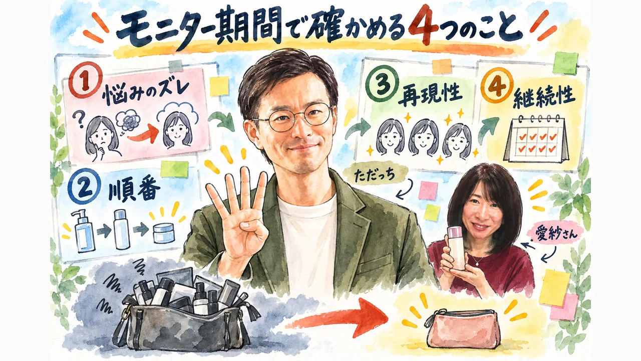 モニター期間で確かめる4つのこと 悩みのズレ 順番 再現性 継続性 図解