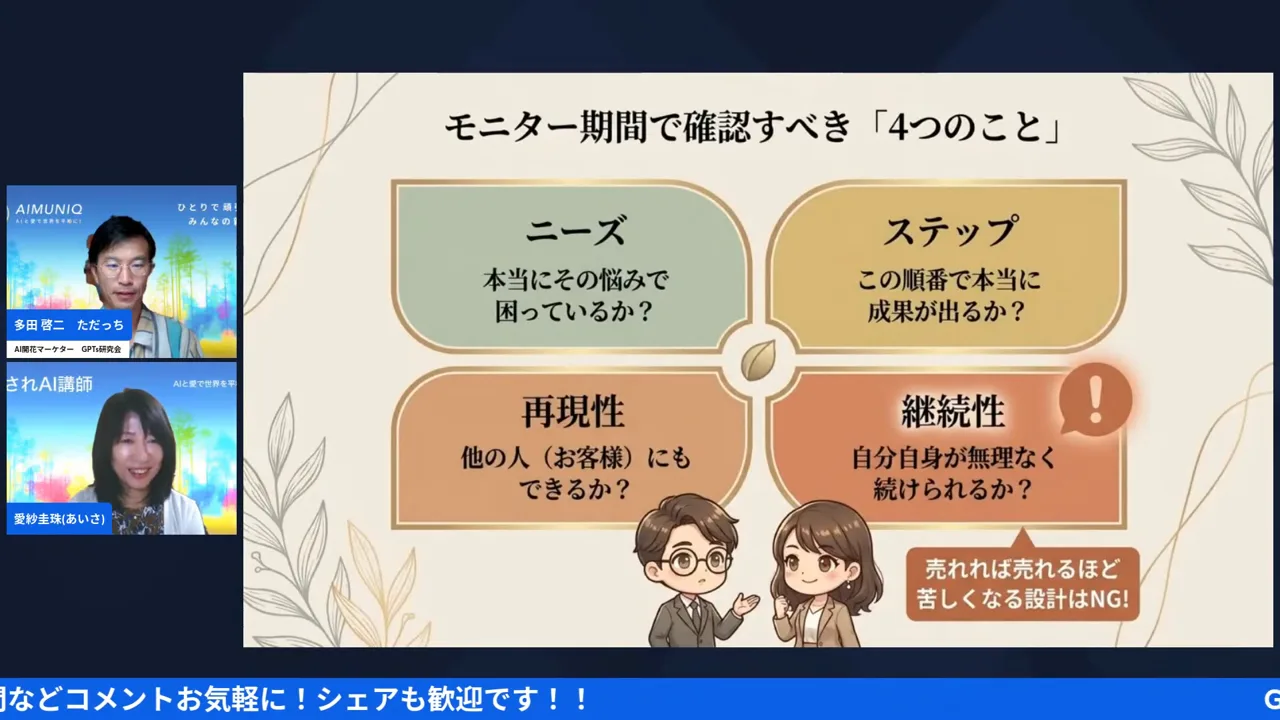 スライド「モニター期間で確認する4つのこと」配信画面（15:42〜）