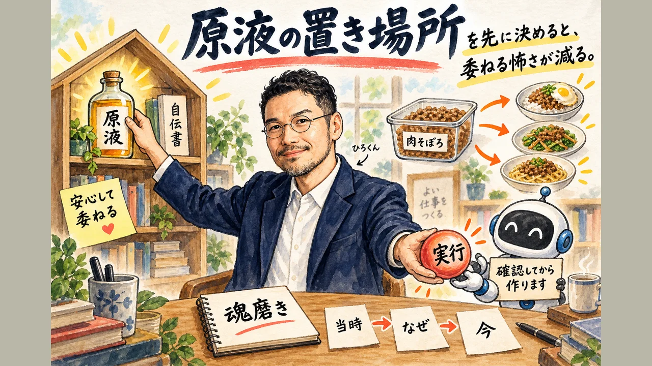 原液の置き場所を先に決めると委ねる怖さが減る ひろくんコラムグラレコ