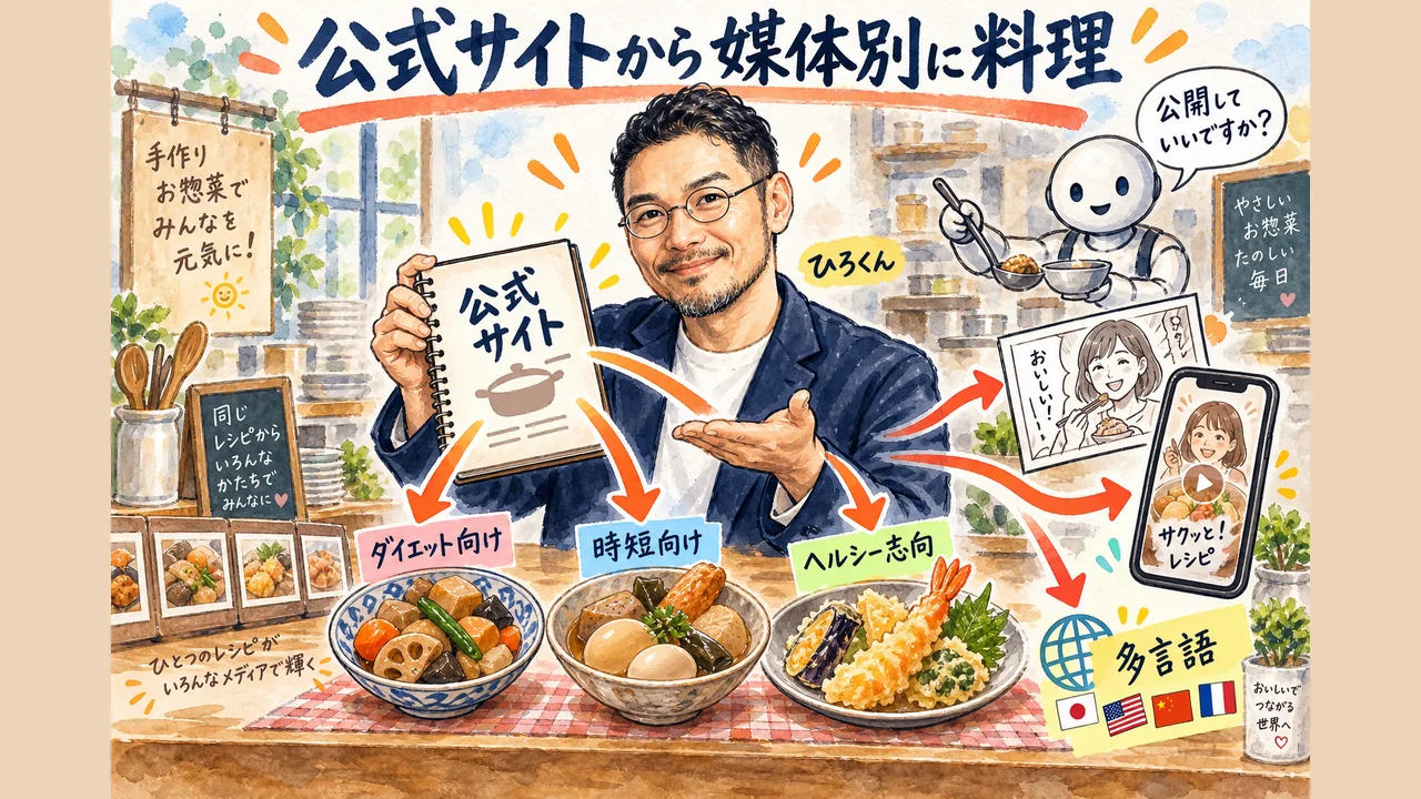 公式原本サイトに一本化すると、1つの素材をAIが媒体ごとに料理し直せる——ダイエット向けと時短向けは同じレシピでも見せ方が違う グラレコ