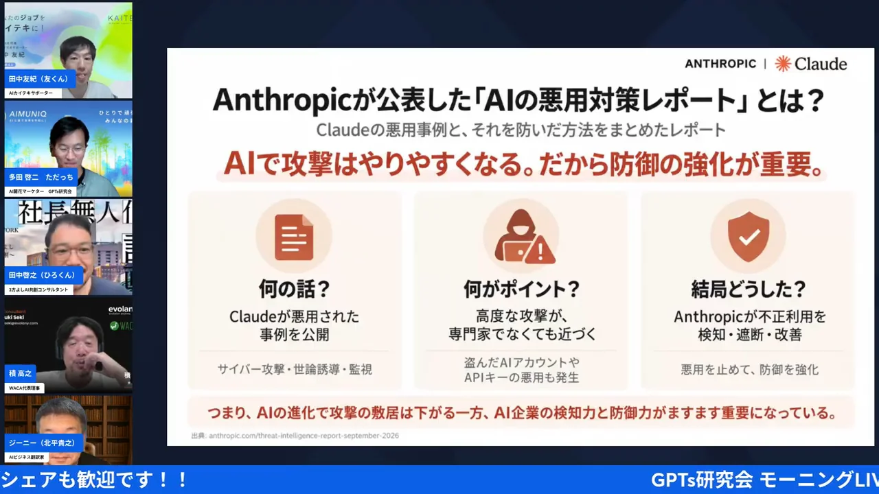 Anthropicが公表した「AIの悪用対策レポート」スライド配信画面（6:35〜）