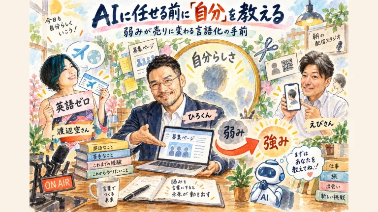AIに任せる前に「自分」を教える理由｜弱みが売りに変わる言語化の手前【まっちんぐー朝LIVE】 全体図解