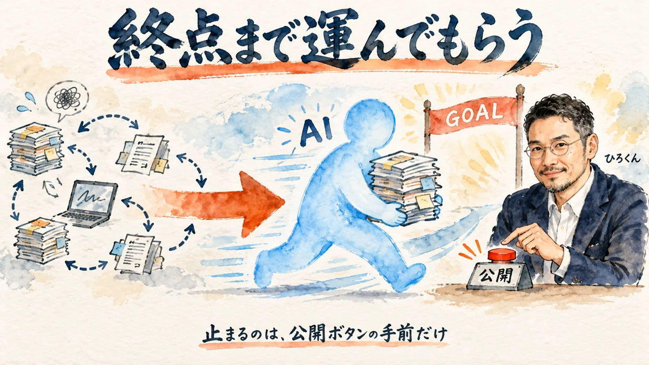 委ねるとは終点まで引き取ってもらうこと。AIが荷物をゴールの手前まで運び、ひろくんが最後のボタンを押す図解