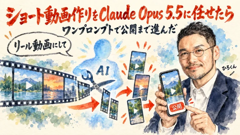 ショート動画作りをClaude Opus 5.5に任せたら、ワンプロンプトで公開まで進んだ。長い動画をAIが切って縦動画にし、ひろくんが最後の公開ボタンを押す図解