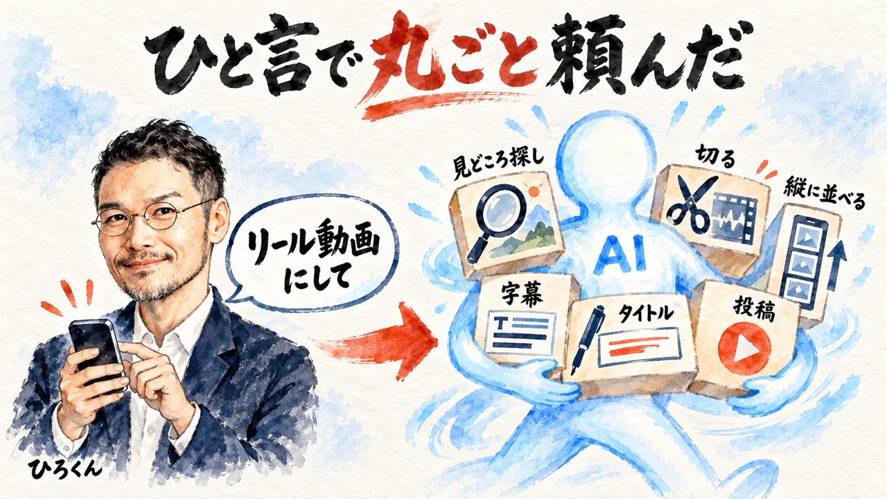 ショート動画の作り方をAIに丸投げした図解。「リール動画にして」のひと言で、見どころ探し・切る・縦に並べる・字幕・タイトル・投稿をAIが引き受ける