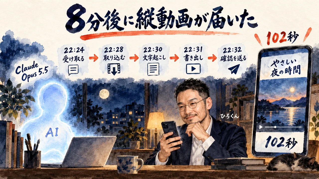 Claude Opus 5.5の動画編集の流れ。22時24分に受け取り、取り込み、文字起こし、書き出しを経て、22時32分に102秒の縦動画の確認が届く