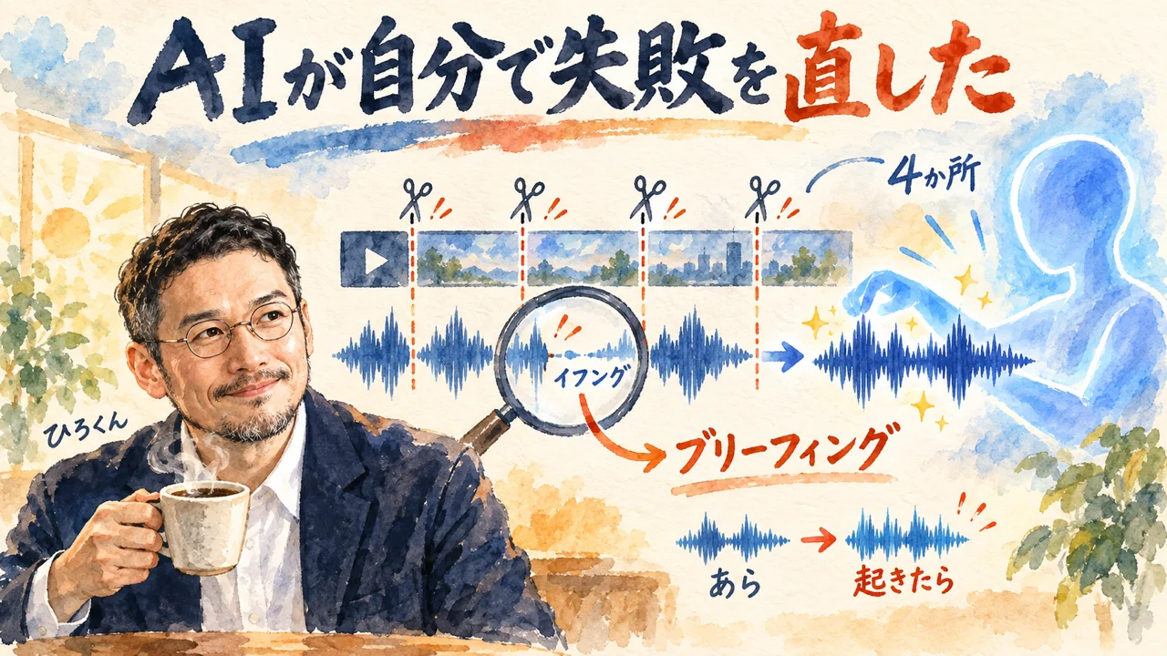 動画編集の自動化でAIが自分でつなぎ目の失敗を見つけて直す図解。「イフング」を「ブリーフィング」に直すなど4か所を修正
