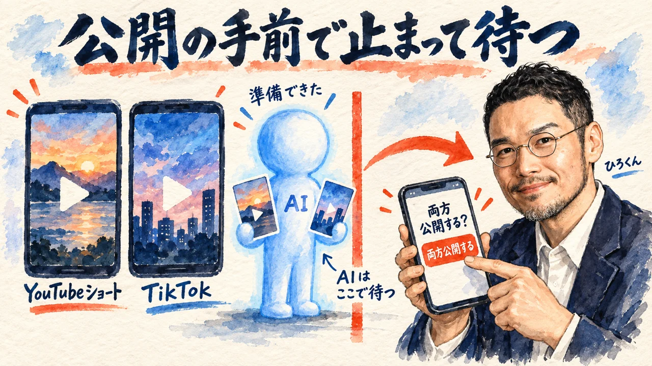 YouTubeショートとTikTokへの投稿準備を終えたAIが公開ボタンの手前で止まり、ひろくんが「両方公開する」を押す図解