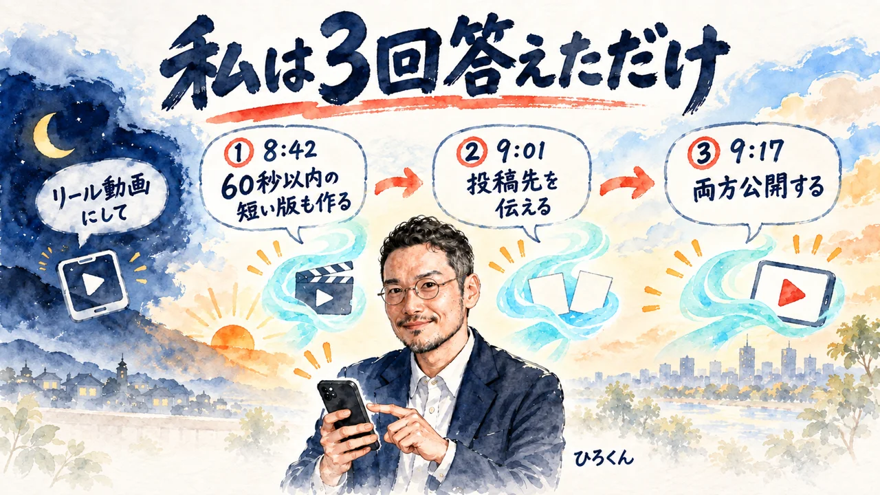 ワンプロンプトから公開までにひろくんがしたのは3回答えただけ。8時42分・9時1分・9時17分の3つの返事