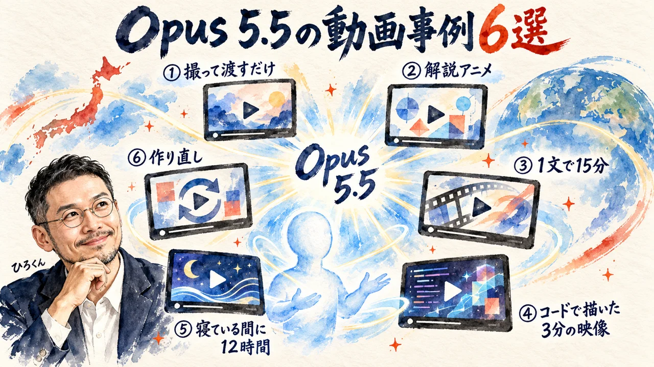 Claude Opus 5.5の動画作成事例6選の図解。撮って渡すだけ、解説アニメ、1文で15分、コードで描いた3分の映像、寝ている間に12時間、作り直し