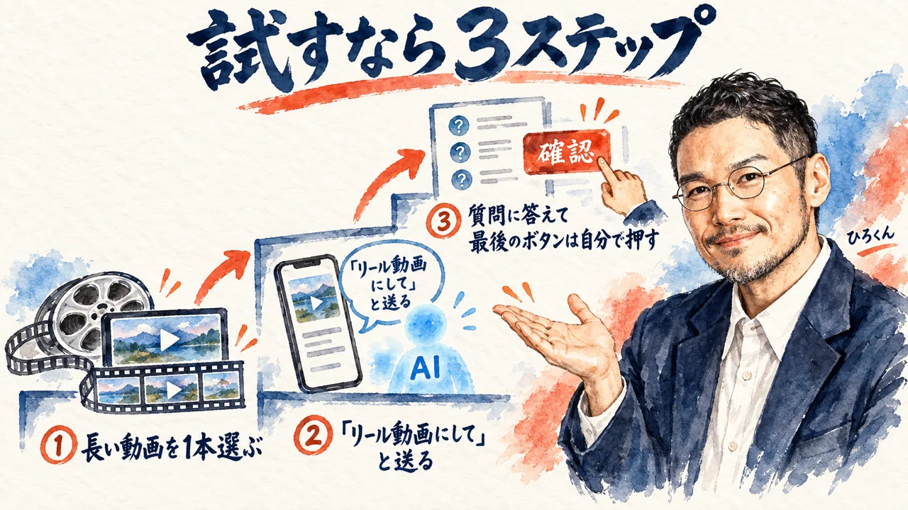 AIでショート動画を作る3ステップ。長い動画を1本選ぶ、「リール動画にして」と送る、質問に答えて最後のボタンは自分で押す