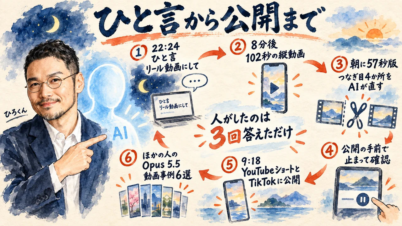 記事の全体図解。22時24分のひと言、8分後の102秒版、朝の57秒版とつなぎ目の修正、公開の手前の確認、9時18分の公開、ほかの人のOpus 5.5動画事例6選までの流れ