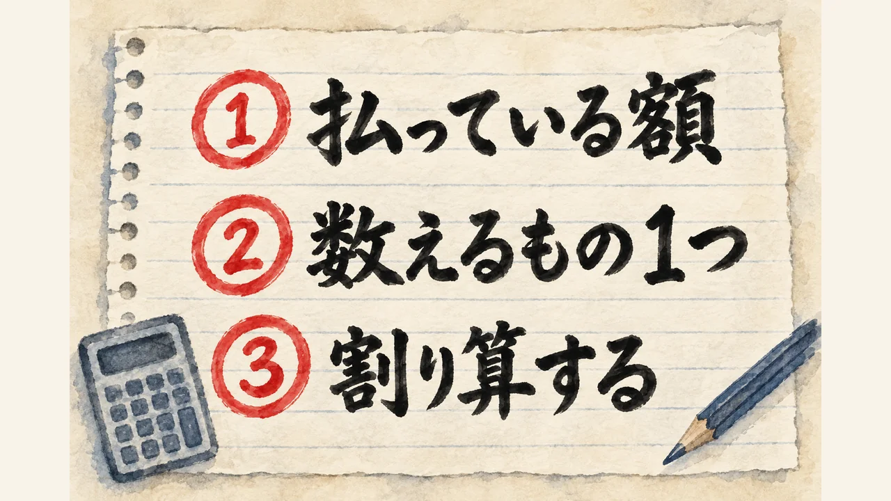 紙1枚でできる3ステップ。払っている額・数えるもの1つ・割り算