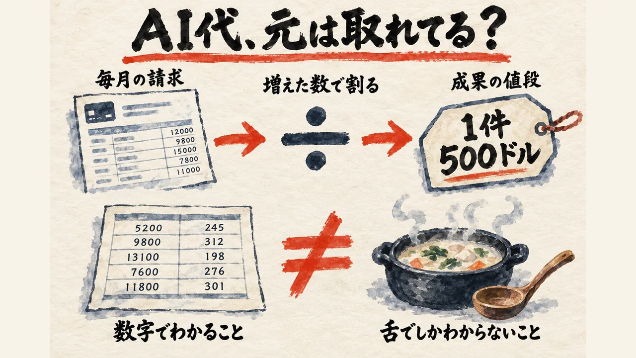 記事全体の図解。毎月の請求を増えた数で割ると成果の値段が出る。数字でわかることと、舌でしかわからないことは別