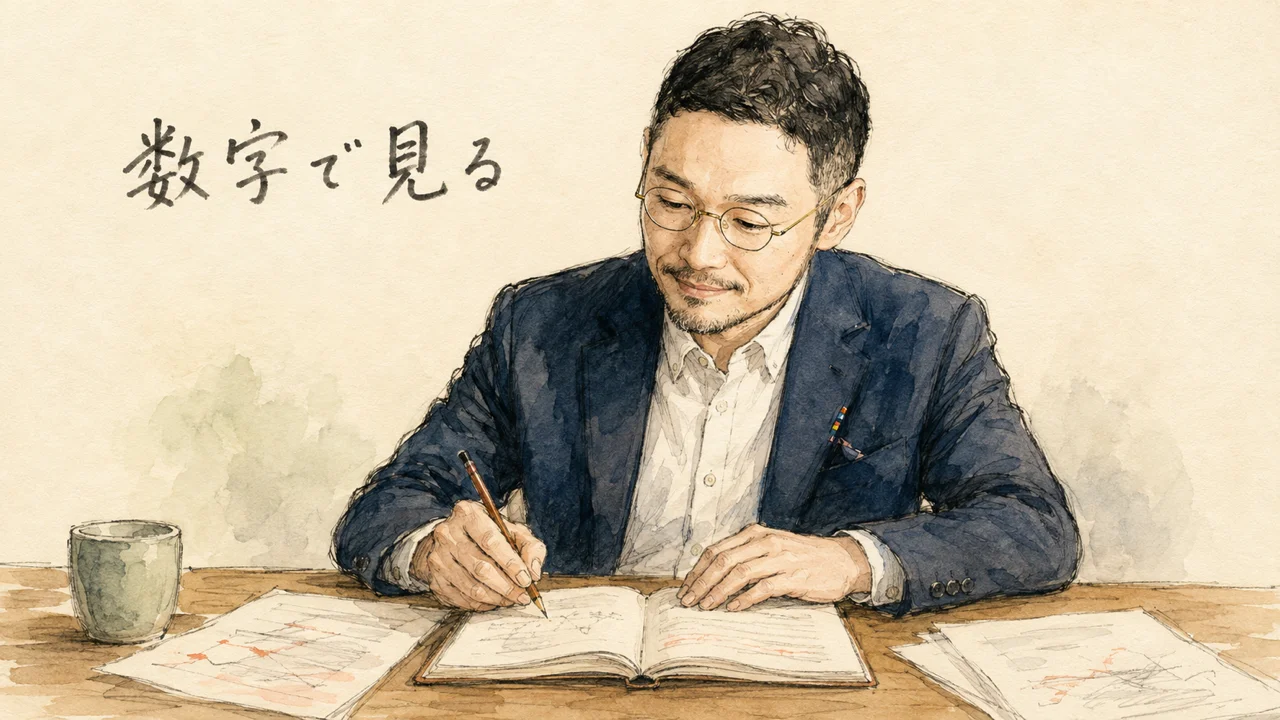 ひろくんが指示書とノートを見ながら数字をメモしているイラスト