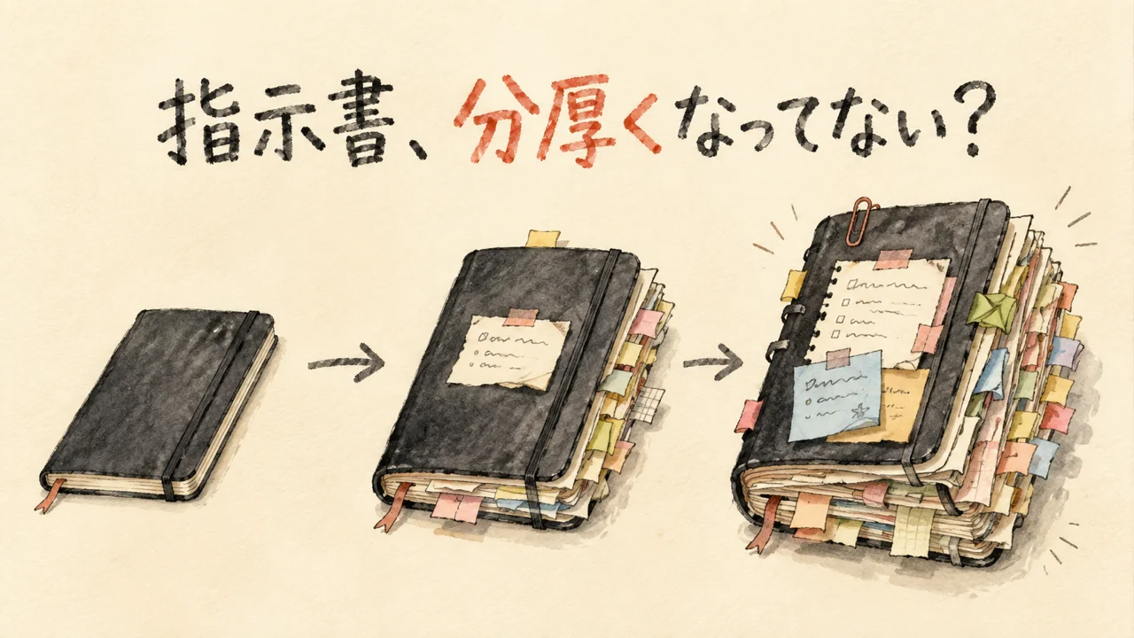 AIへの指示書がどんどん分厚くなっていく様子のイラスト