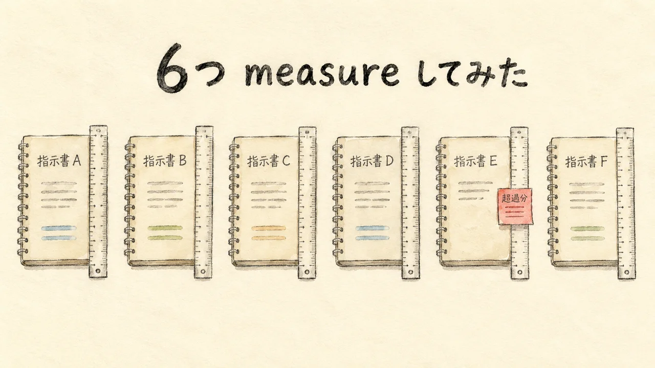 6つの指示書をそれぞれ定規で測る図解