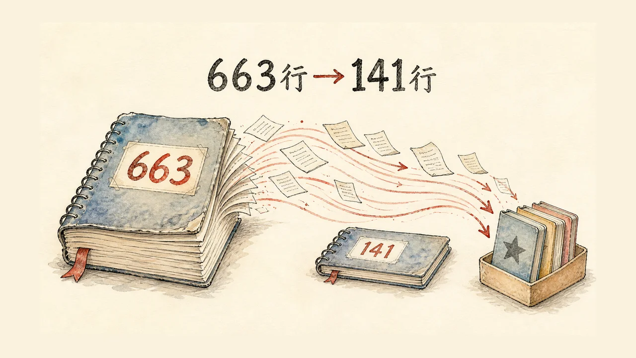 663行の案内書が141行に減り残りが参考書へ引っ越す図解