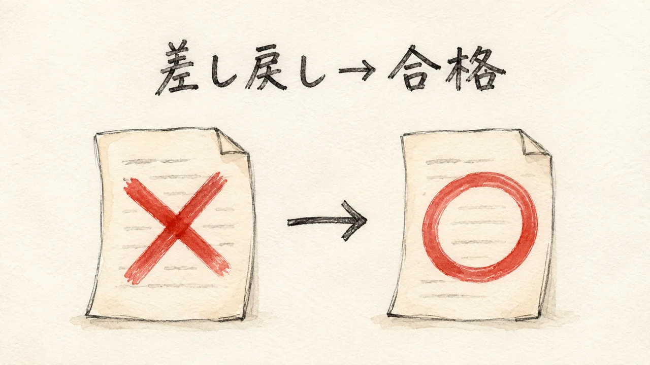 差し戻しから合格に変わる書類のイラスト