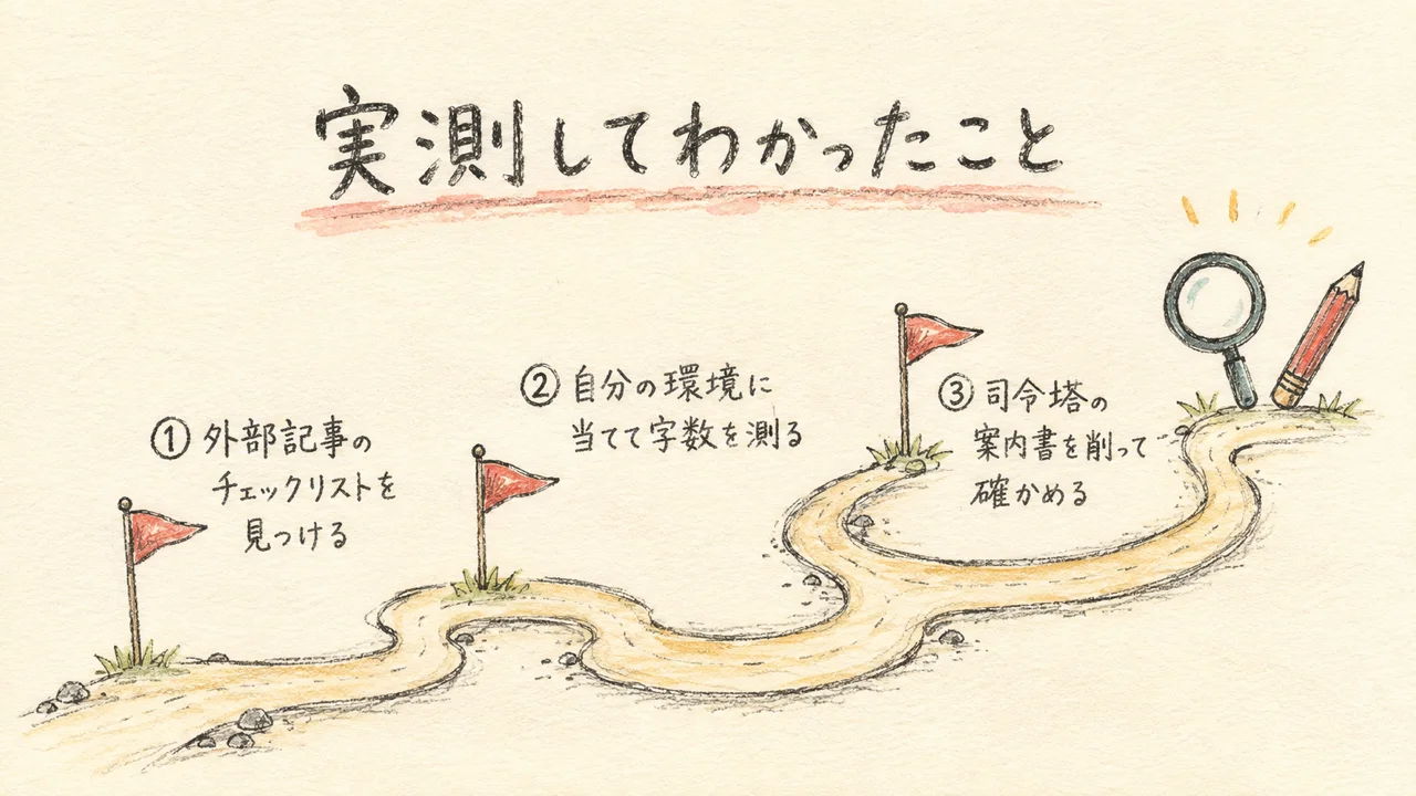 外部記事のチェックリストを自分の環境に当てて実測する道のりの図解