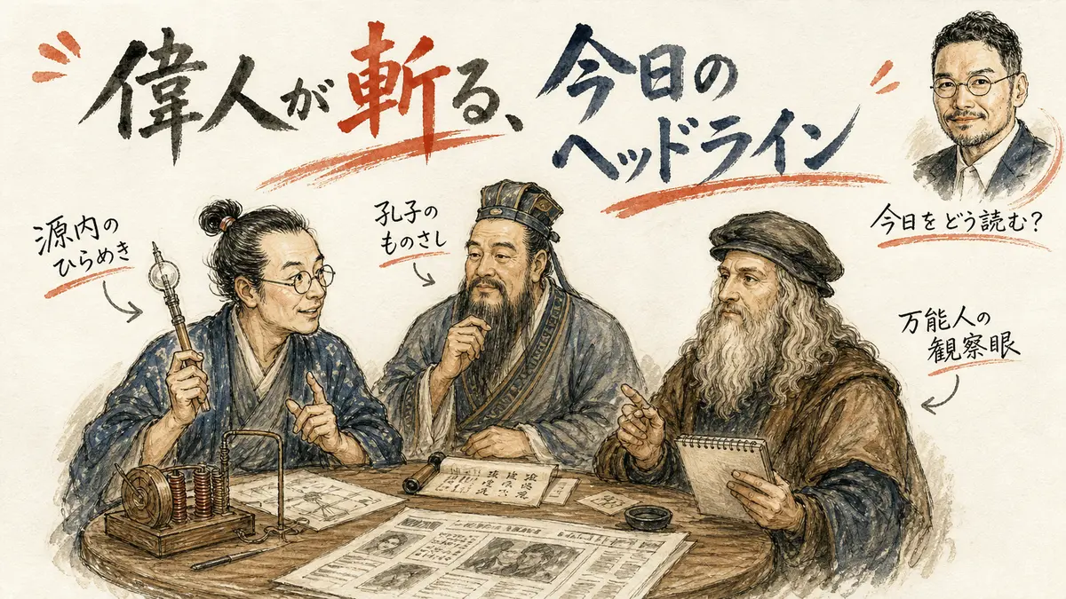 平賀源内・孔子・レオナルド・ダ・ヴィンチが今日のヘッドラインを議論するイメージ図解