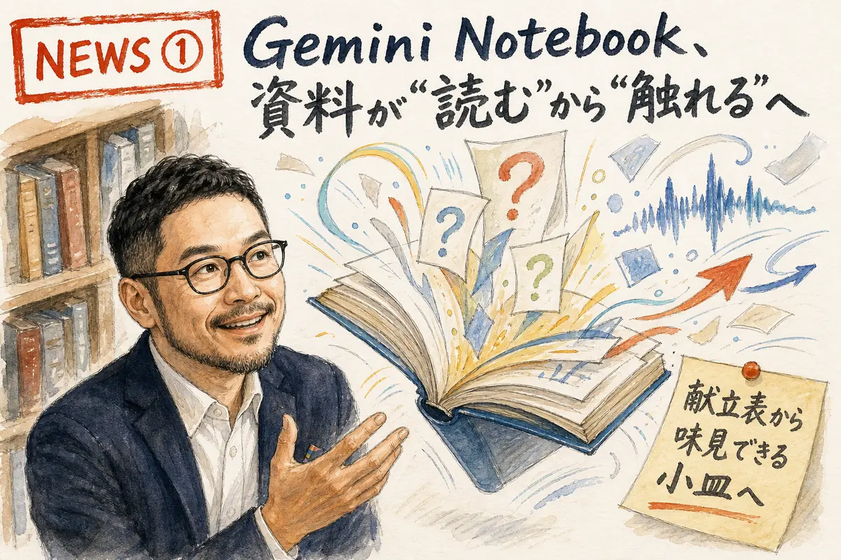 本棚から取り出した本が立体的に開いて対話し始めるイメージ図解