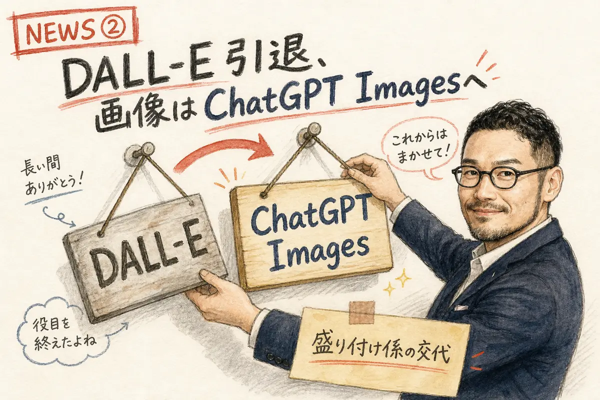 ひろくんが看板『DALL-E』を下ろし、新しい看板『ChatGPT Images』に掛け替えているイメージ図解