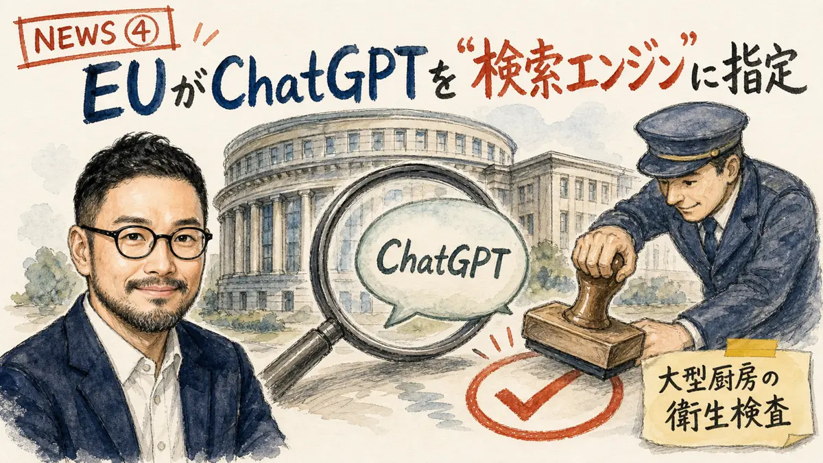 欧州の議事堂風の建物の前でChatGPTを象徴する吹き出しに検査済みの判子が押されるイメージ図解