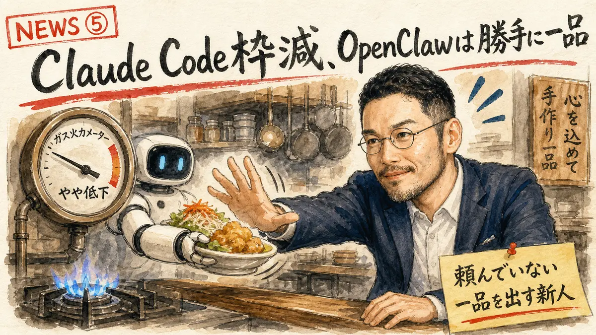 厨房の火力メーターが少し下がる横で、ロボットの手が頼んでいない皿を勝手に運ぼうとし店主が止めているイメージ図解