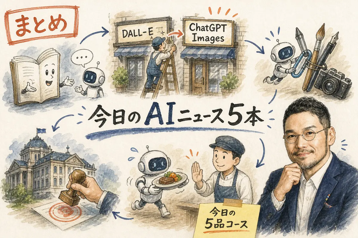 今日のAIニュース5本の全体まとめ図。Gemini Notebookの対話型レポート進化・DALL-E GPT引退とChatGPT Images一本化・Canva/Figmaの現場エージェント化・EUのChatGPT検索エンジン指定・Claude Codeの週次枠実質17%減とOpenClawの自律悪用