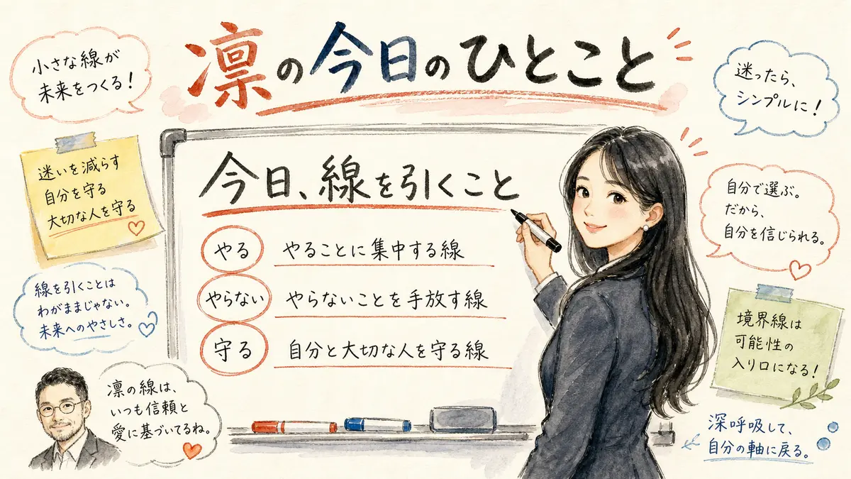 凛ちゃんがホワイトボードに『今日、線を引くこと』のリストを描いているイメージ図解