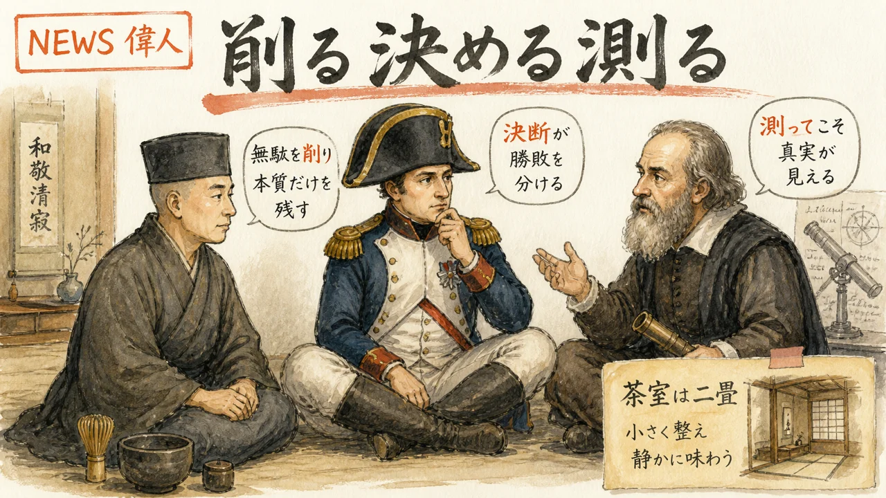 千利休・ナポレオン・ガリレオが今日の道具を議論する水彩図解