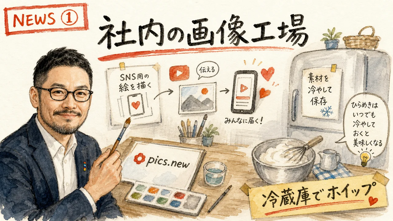 ひろくんが和紙の作業机でpics.newからSNS用の画像を手描きしている水彩図解