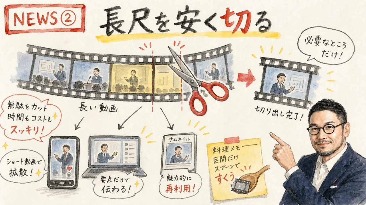 長い動画フィルムから必要な区間だけを取り出すひろくんの水彩図解
