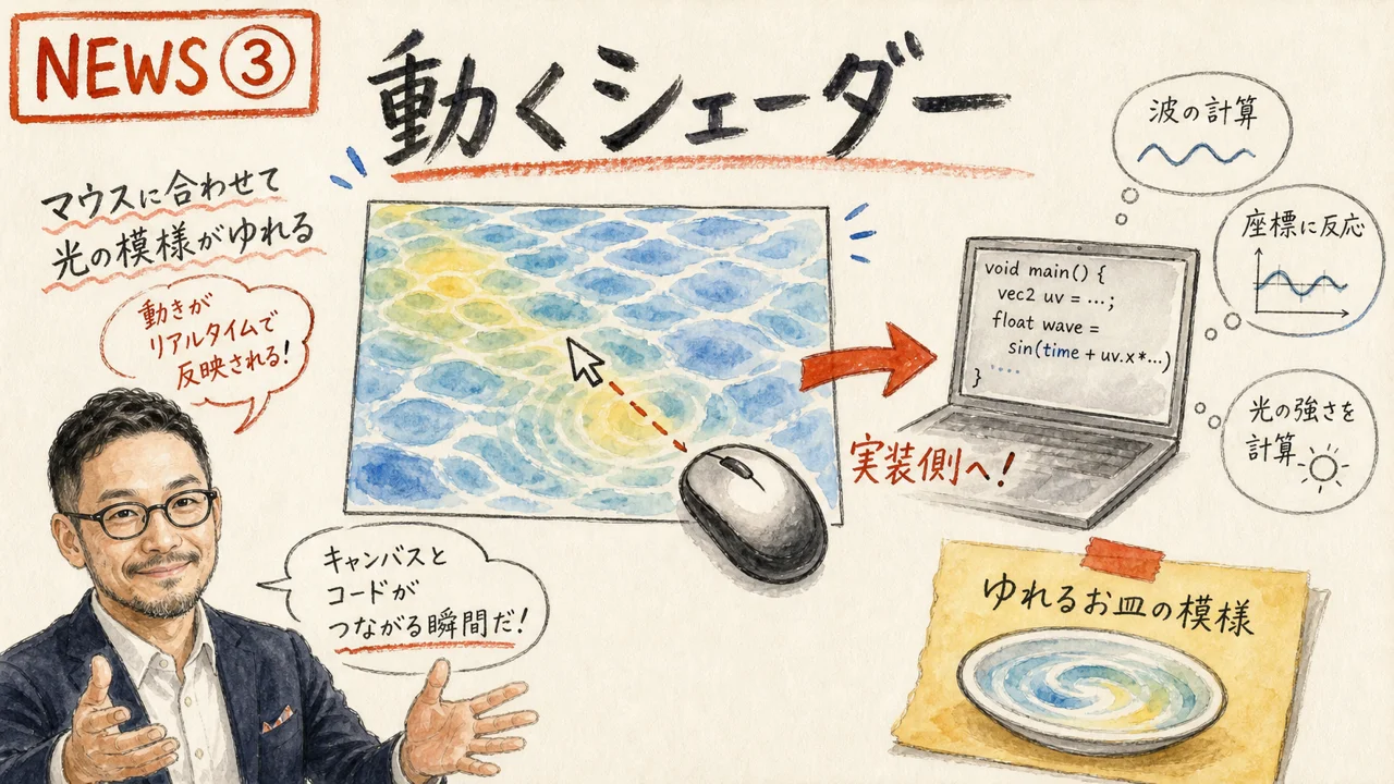 Figmaのキャンバス上で手描きの光がマウスに反応して動く水彩図解