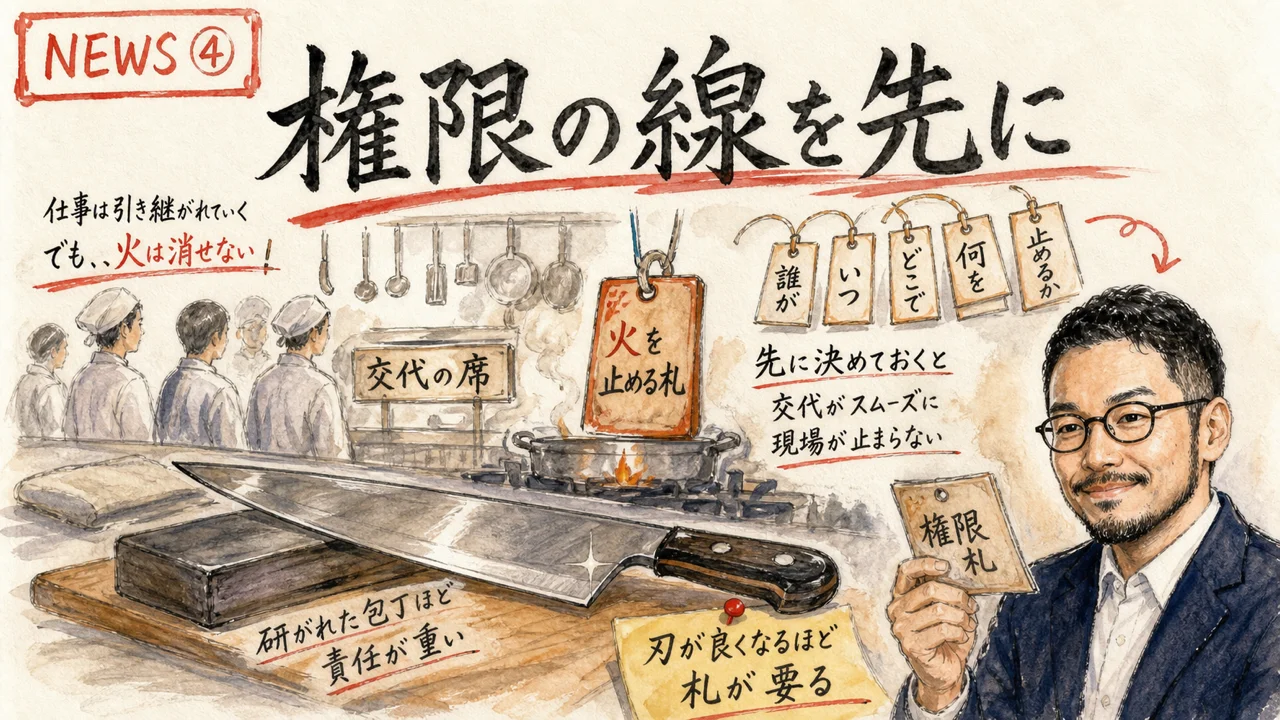 台所の権限スイッチをひろくんが確認しながら、共同作業の席を足している水彩図解