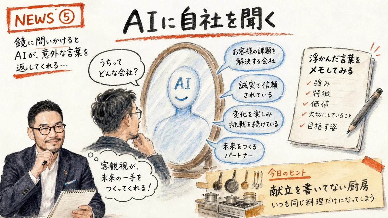 鏡の前で自社名をAIに尋ねるひろくんの水彩図解