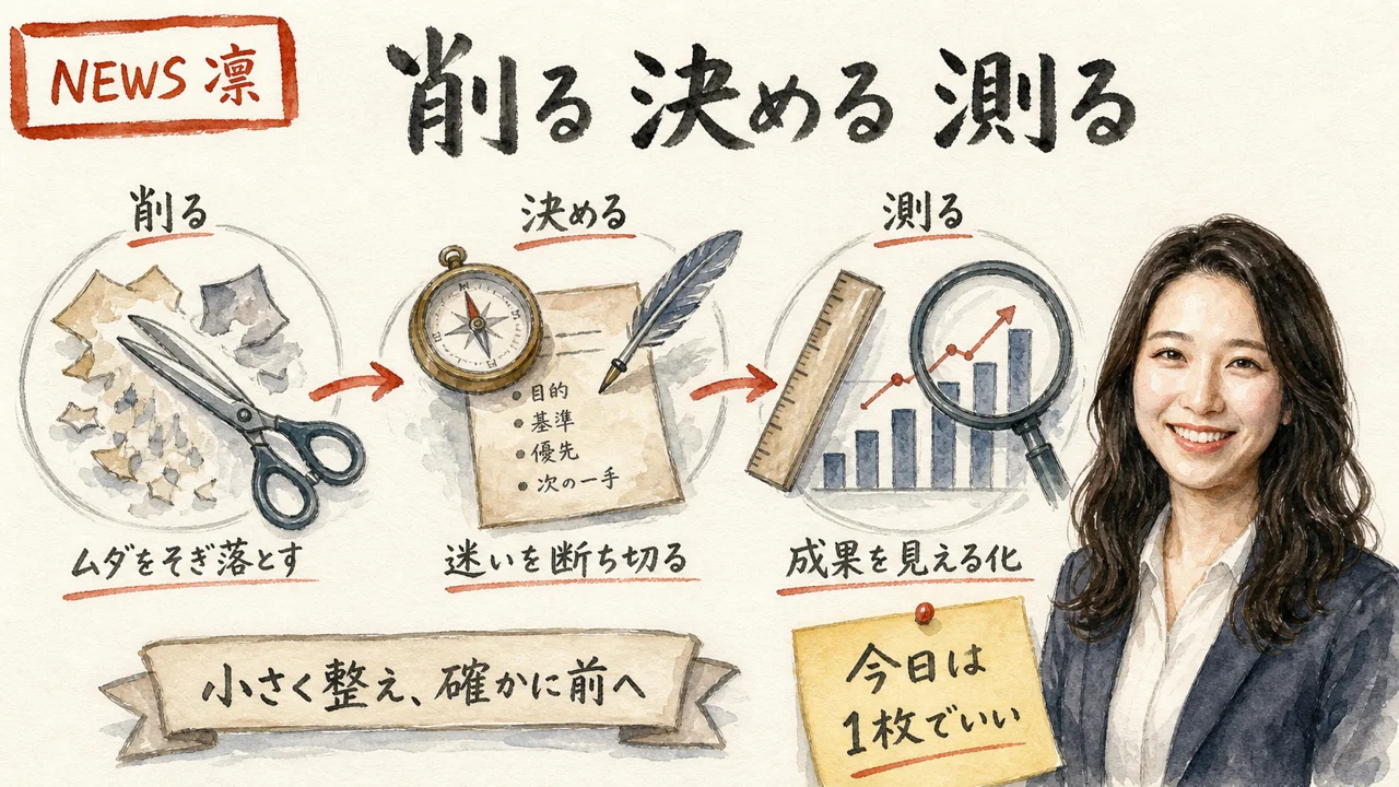 凛ちゃんがホワイトボードに試す・決める・測るの3つを書いている水彩図解