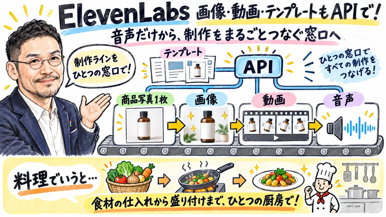 ElevenLabsが画像・動画・テンプレートのAPIを開放イメージ図解