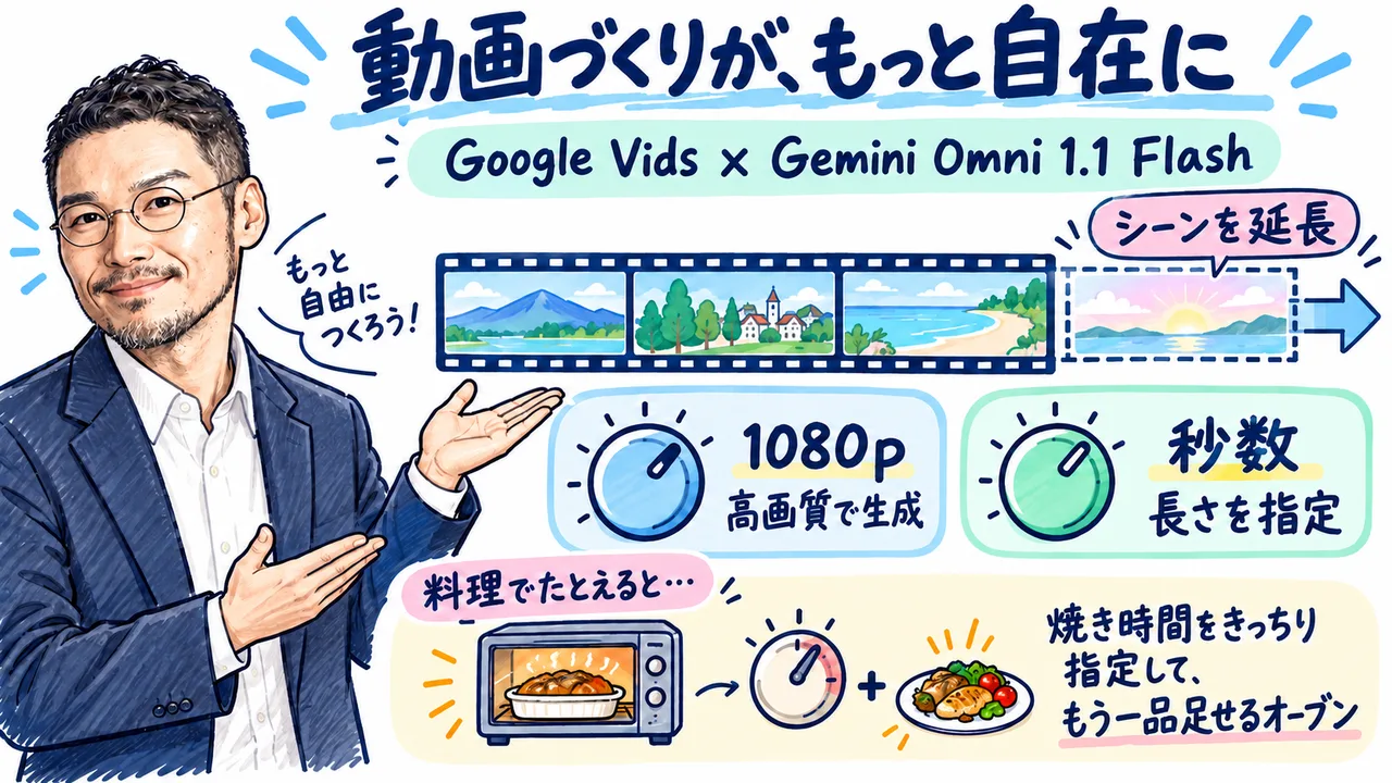 Google VidsにGemini Omni 1.1 Flashが入るイメージ図解